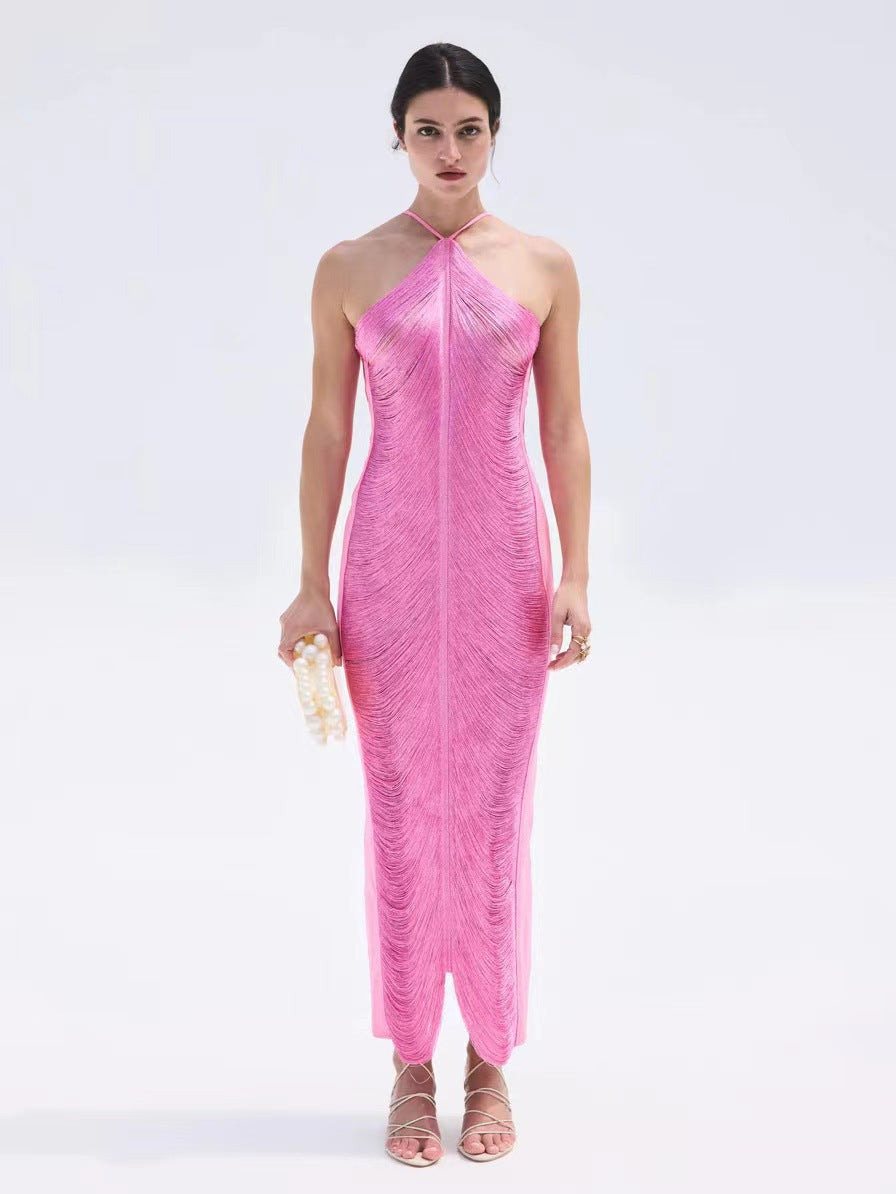 Fluffy hemmed V-neck dress