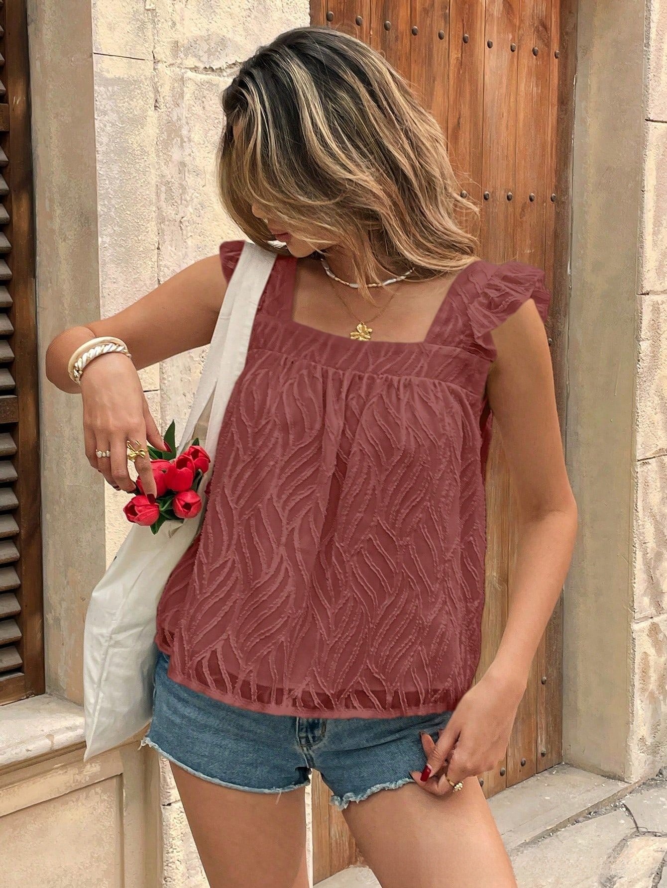 Flutter Sleeve Spaghetti Strap Blouse