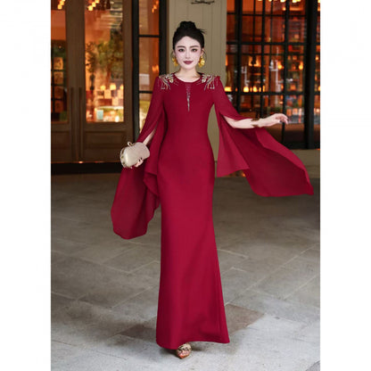 Fly-sleeve diamond-embellished long dress