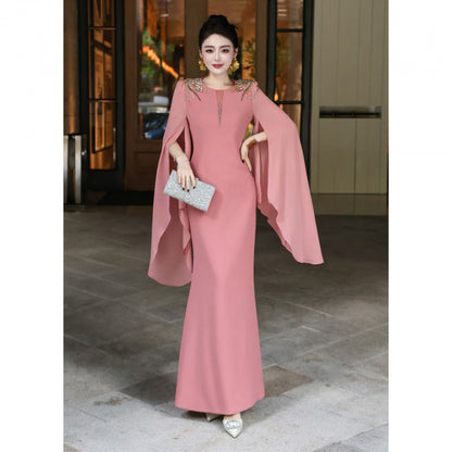 Fly-sleeve diamond-embellished long dress