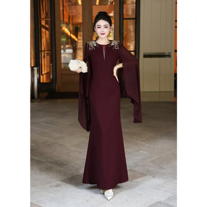Fly-sleeve diamond-embellished long dress