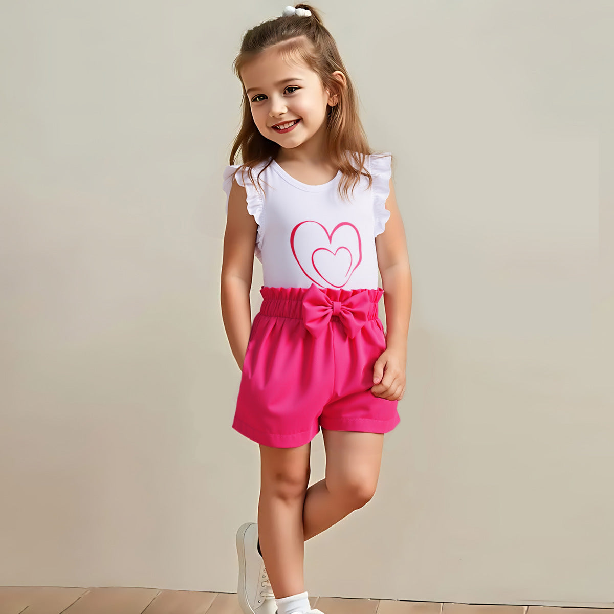 Flying Sleeve Love Printed T-shirt Bow Sweet Casual Two-Piece