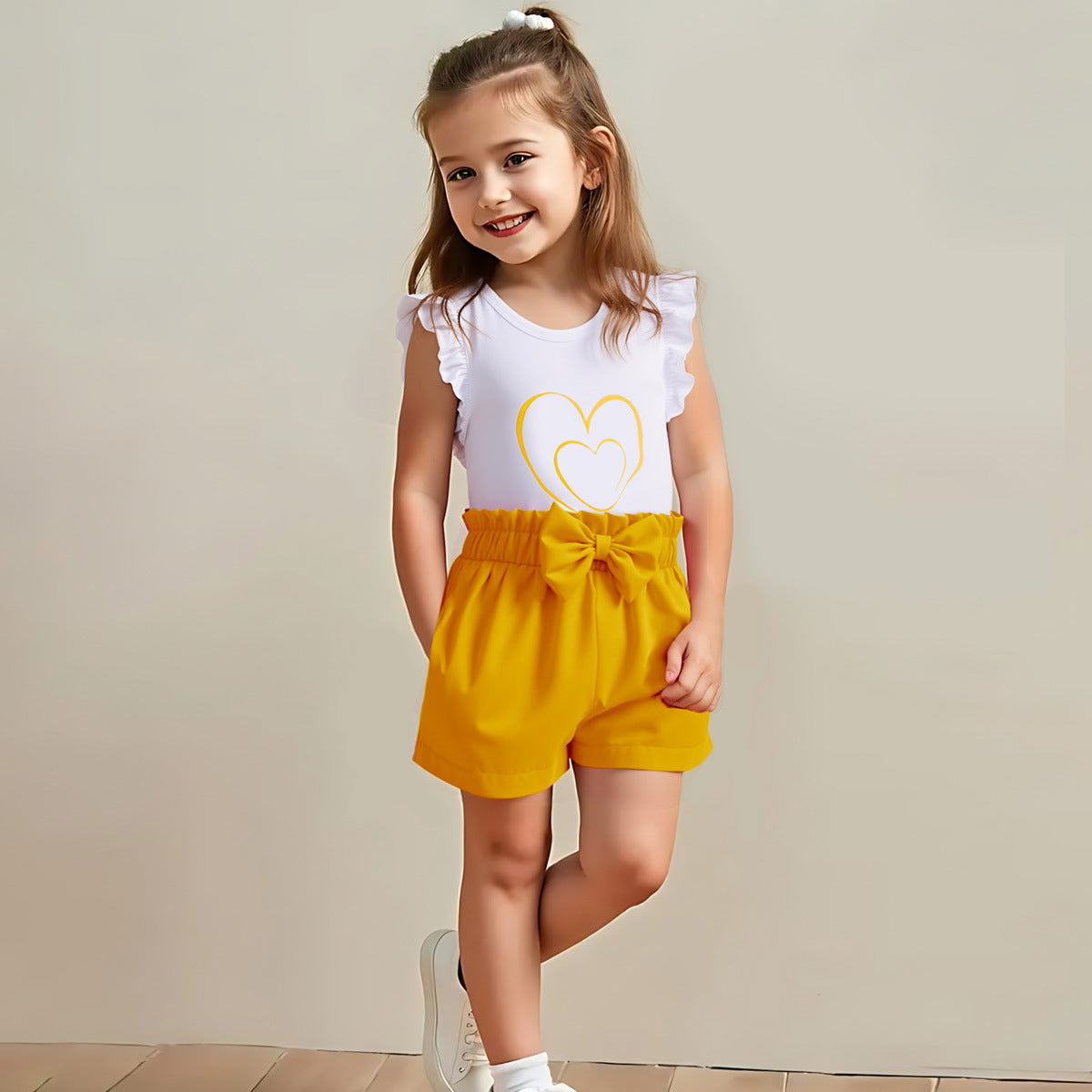 Flying Sleeve Love Printed T-shirt Bow Sweet Casual Two-Piece