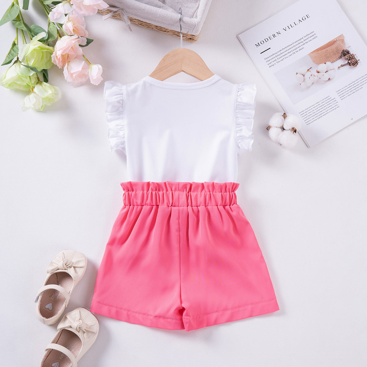 Flying Sleeve Love Printed T-shirt Bow Sweet Casual Two-Piece