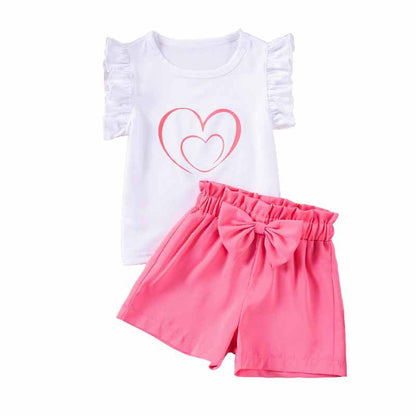 Flying Sleeve Love Printed T-shirt Bow Sweet Casual Two-Piece