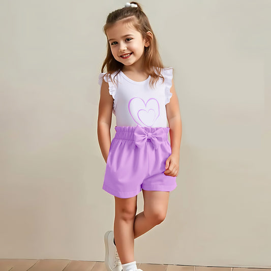Flying Sleeve Love Printed T-shirt Bow Sweet Casual Two-Piece