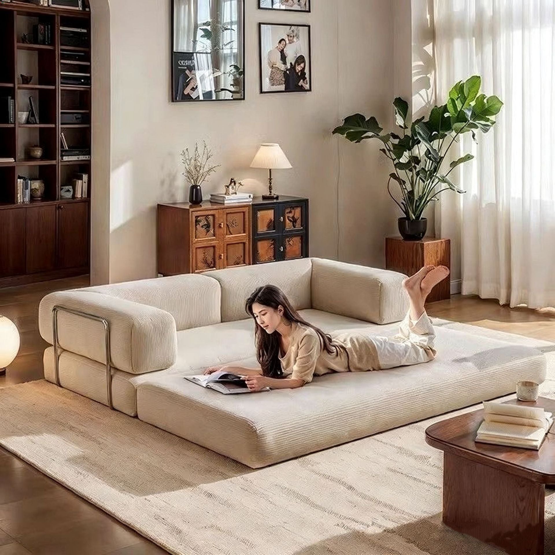 Foldable Corduroy Sofa Bed with Modular Design