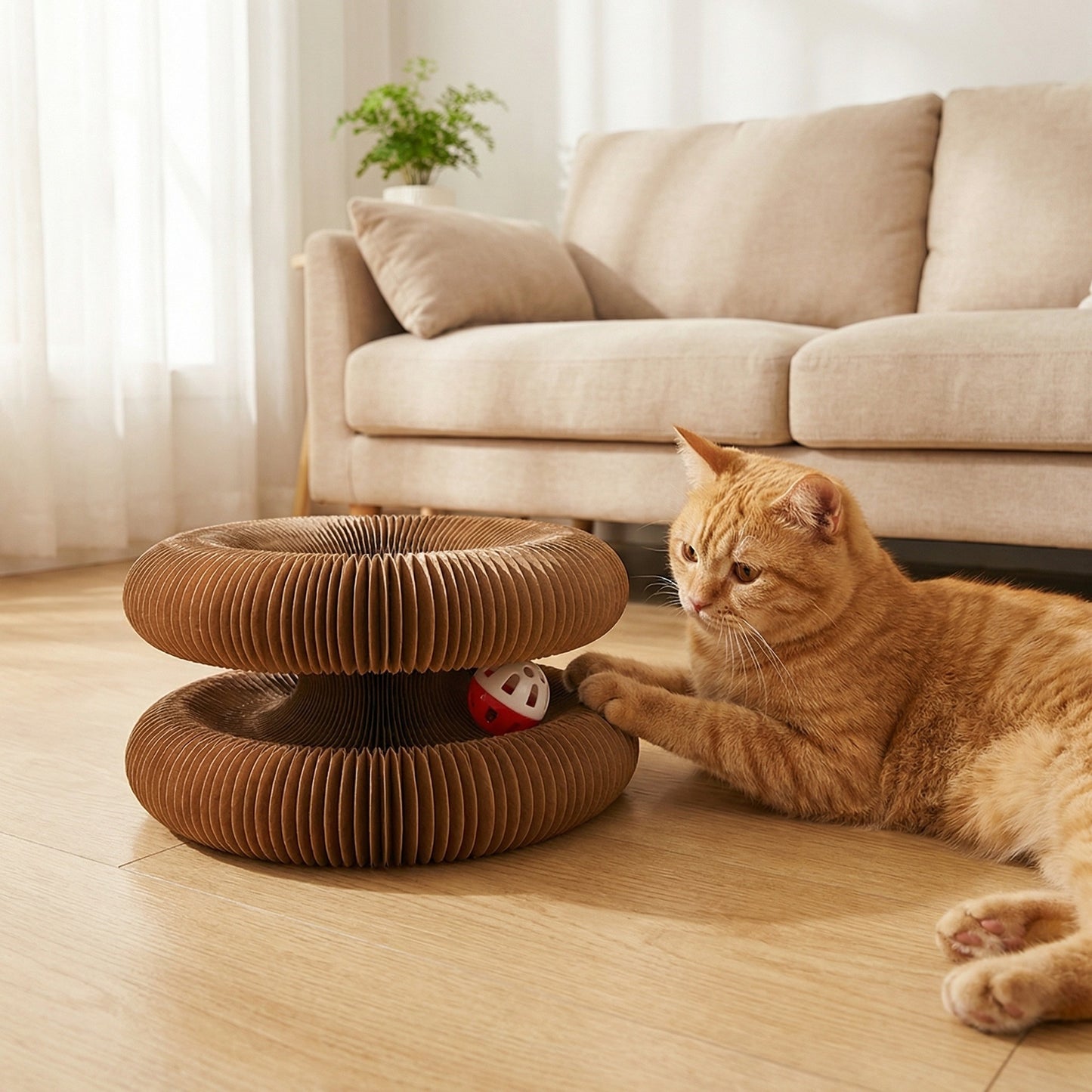 Foldable Corrugated Paper Cat Scratcher with Bells