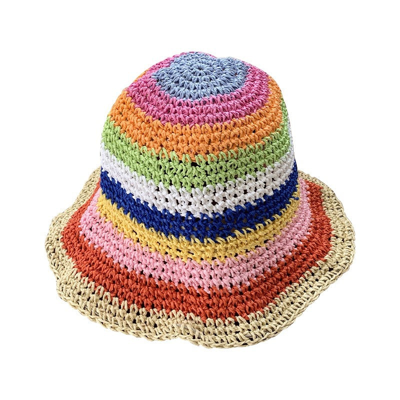 Foldable Rainbow Straw Hat with Wide Brim