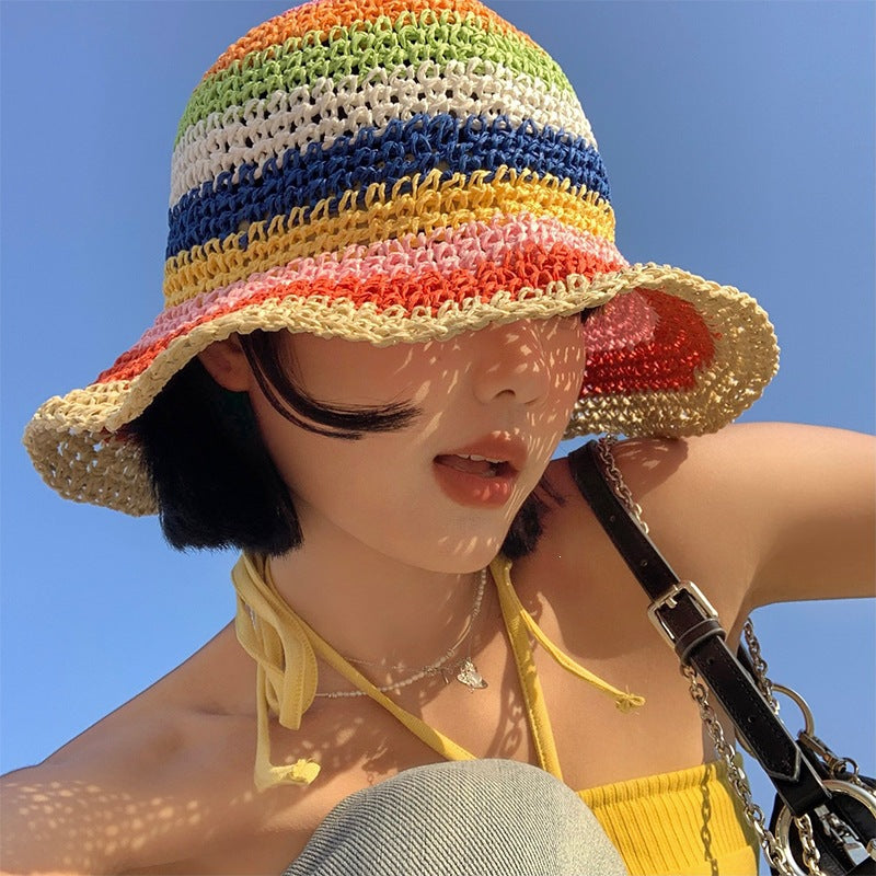 Foldable Rainbow Straw Hat with Wide Brim