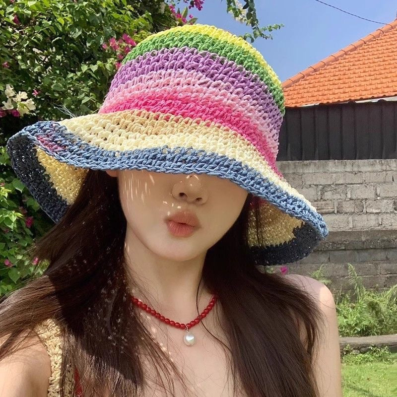 Foldable Rainbow Straw Hat with Wide Brim