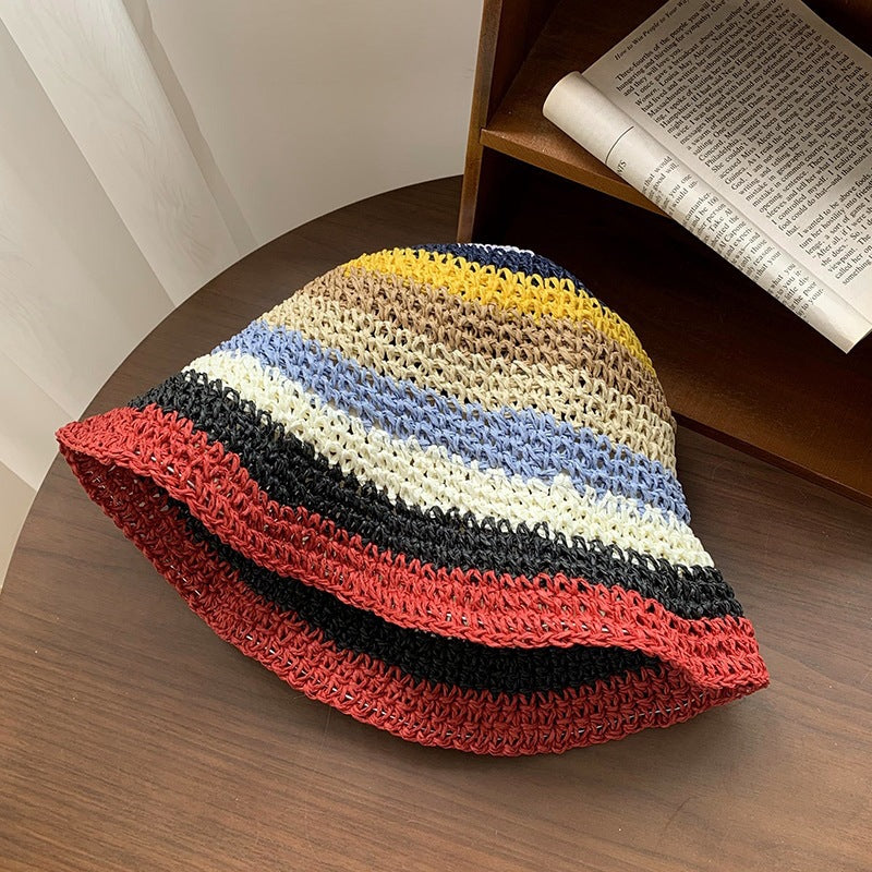 Foldable Rainbow Straw Hat with Wide Brim