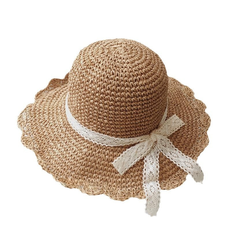 Foldable Straw Sun Hat with Lace Trim