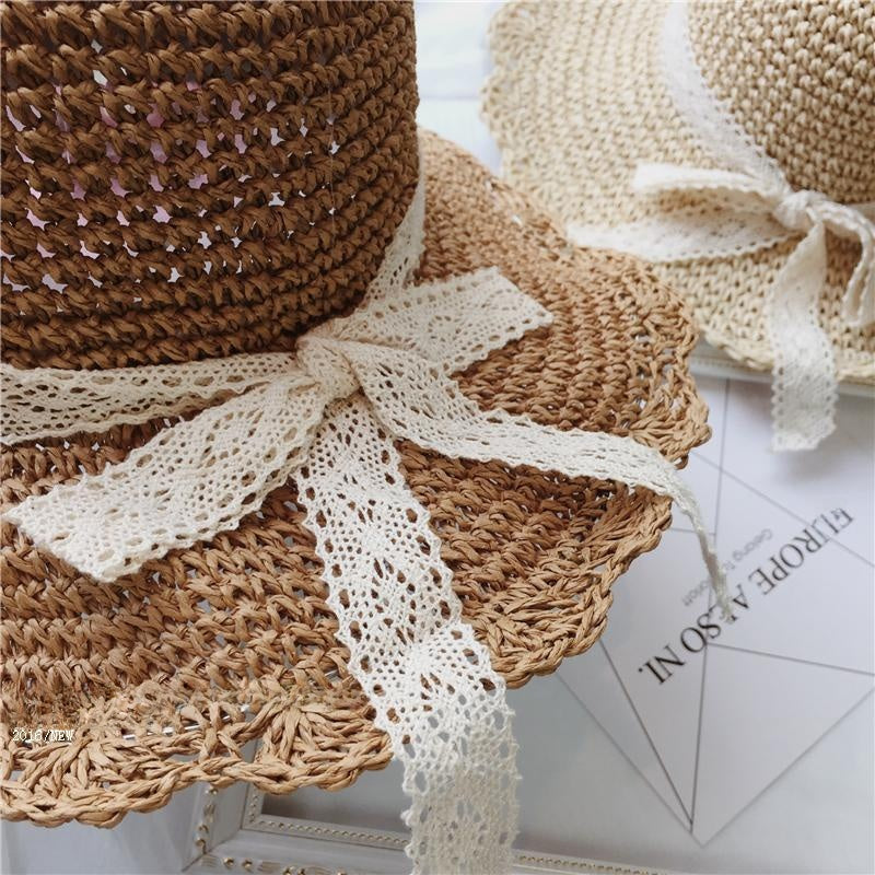 Foldable Straw Sun Hat with Lace Trim