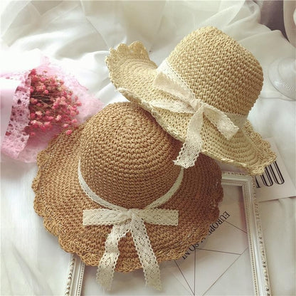 Foldable Straw Sun Hat with Lace Trim