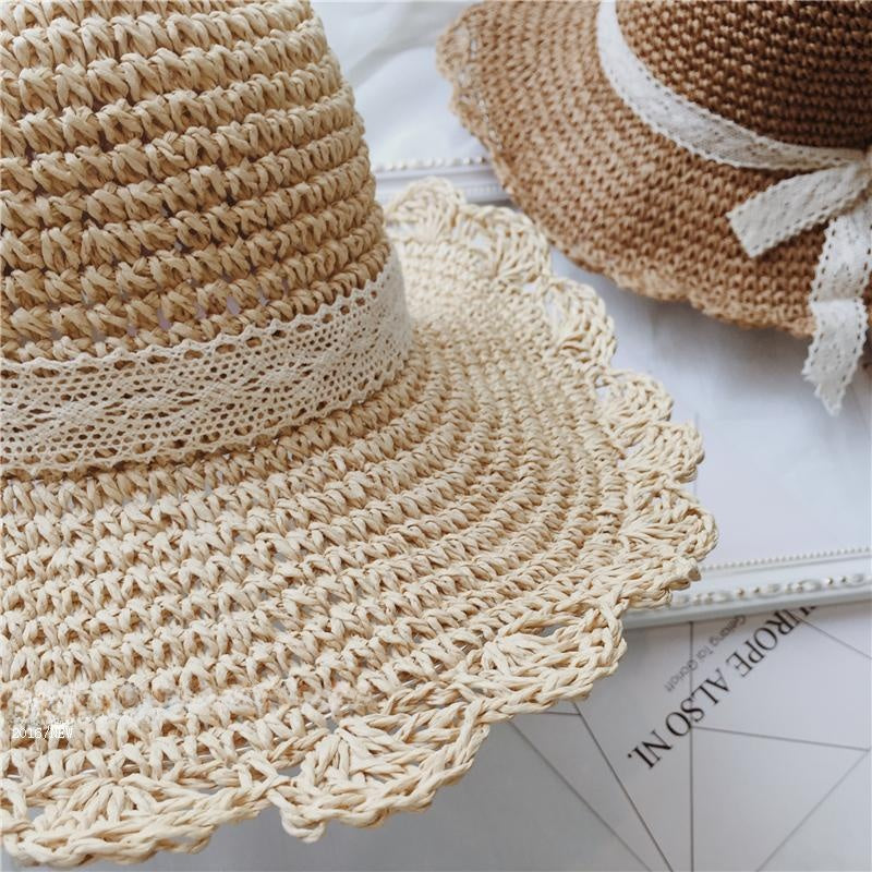 Foldable Straw Sun Hat with Lace Trim