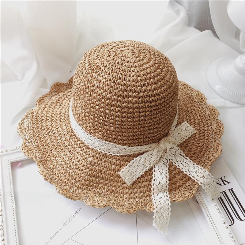 Foldable Straw Sun Hat with Lace Trim