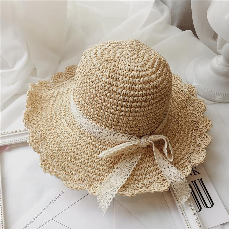 Foldable Straw Sun Hat with Lace Trim