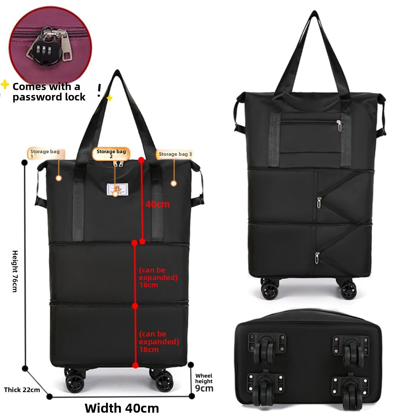 Foldable Travel Bag with Swivel Wheels and Pull Rod