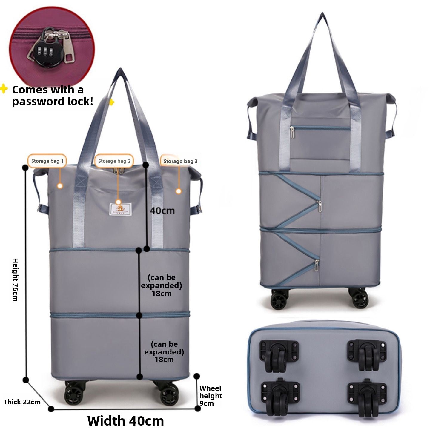 Foldable Travel Bag with Swivel Wheels and Pull Rod