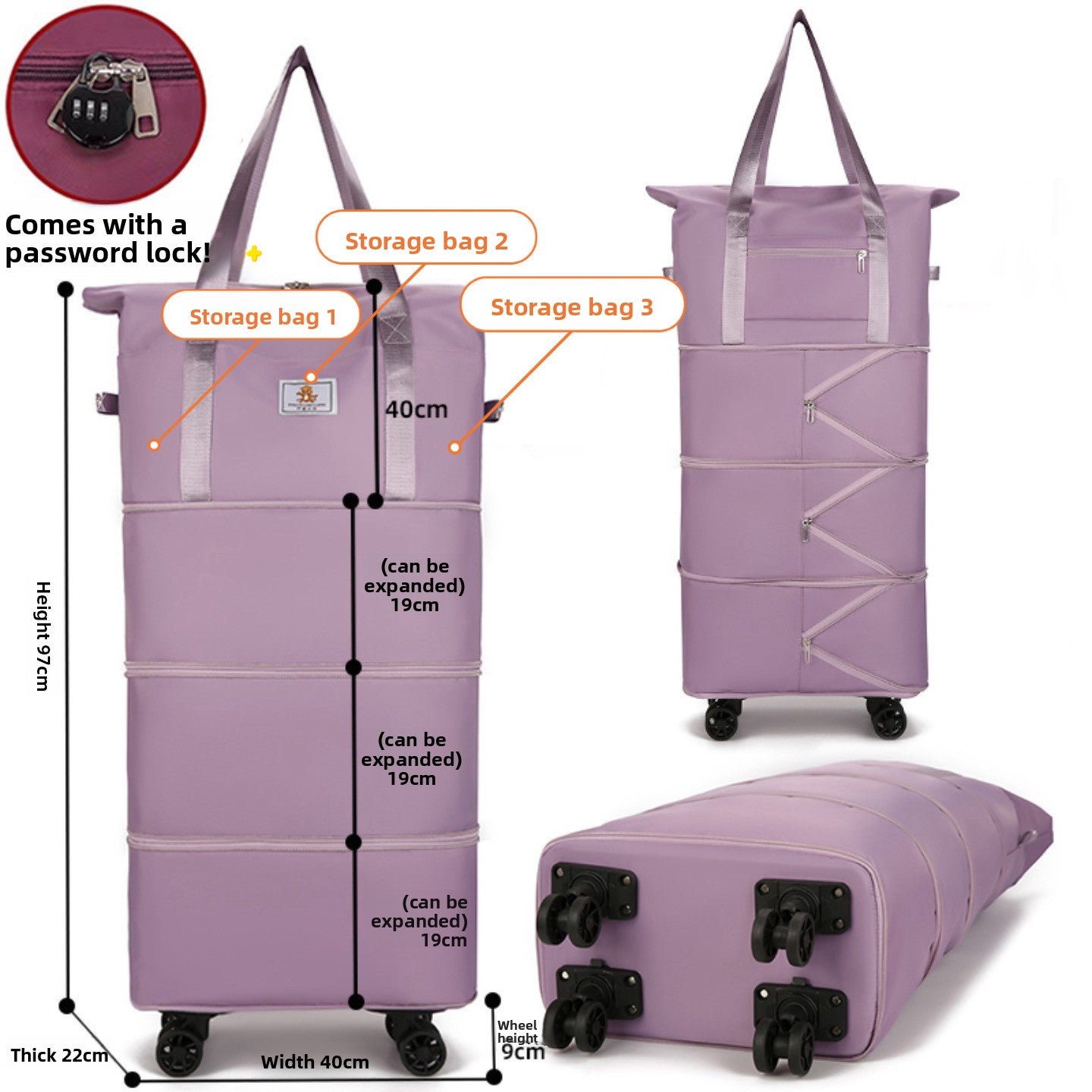 Foldable Travel Bag with Swivel Wheels and Pull Rod