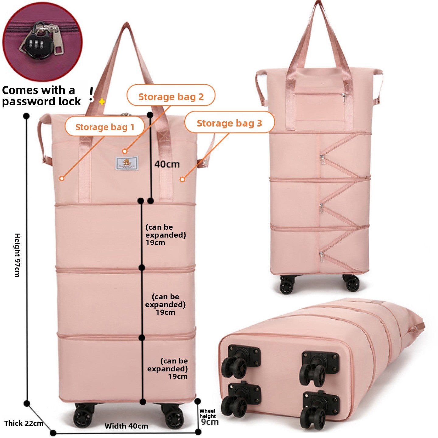 Foldable Travel Bag with Swivel Wheels and Pull Rod