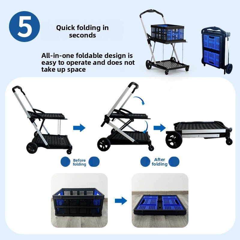 Folding Double-Deck Storage Plastic Baskets Trolley
