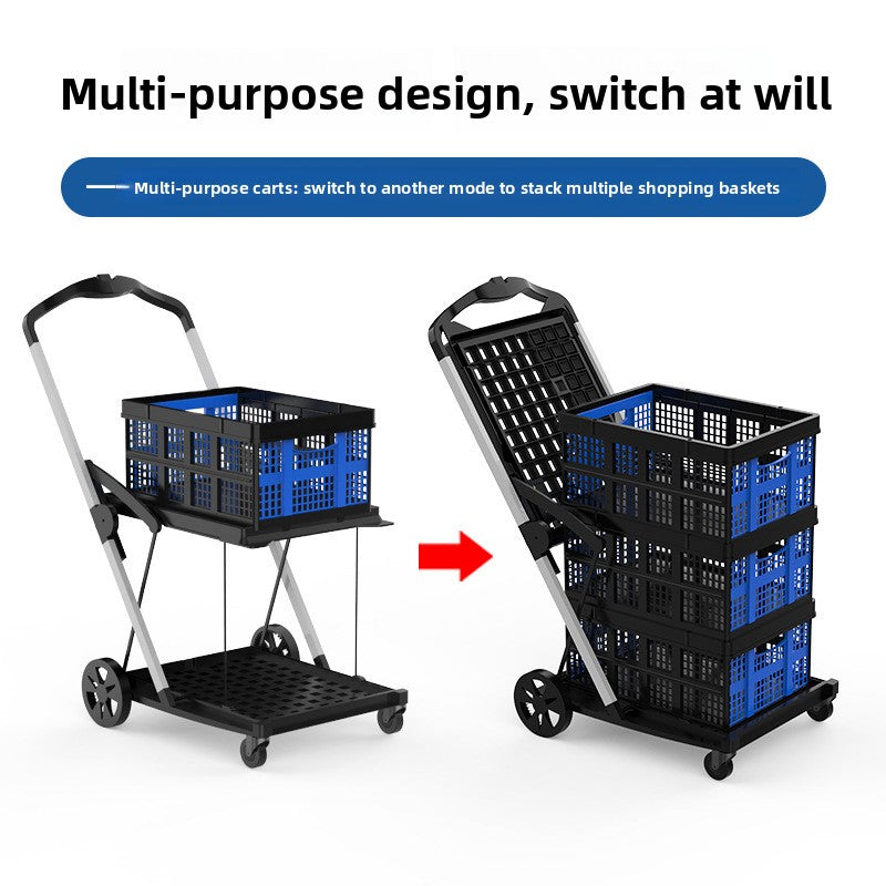 Folding Double-Deck Storage Plastic Baskets Trolley