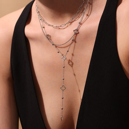 Four-Leaf Flower Double-Layer Stainless Steel Necklace with Tassel Pendant