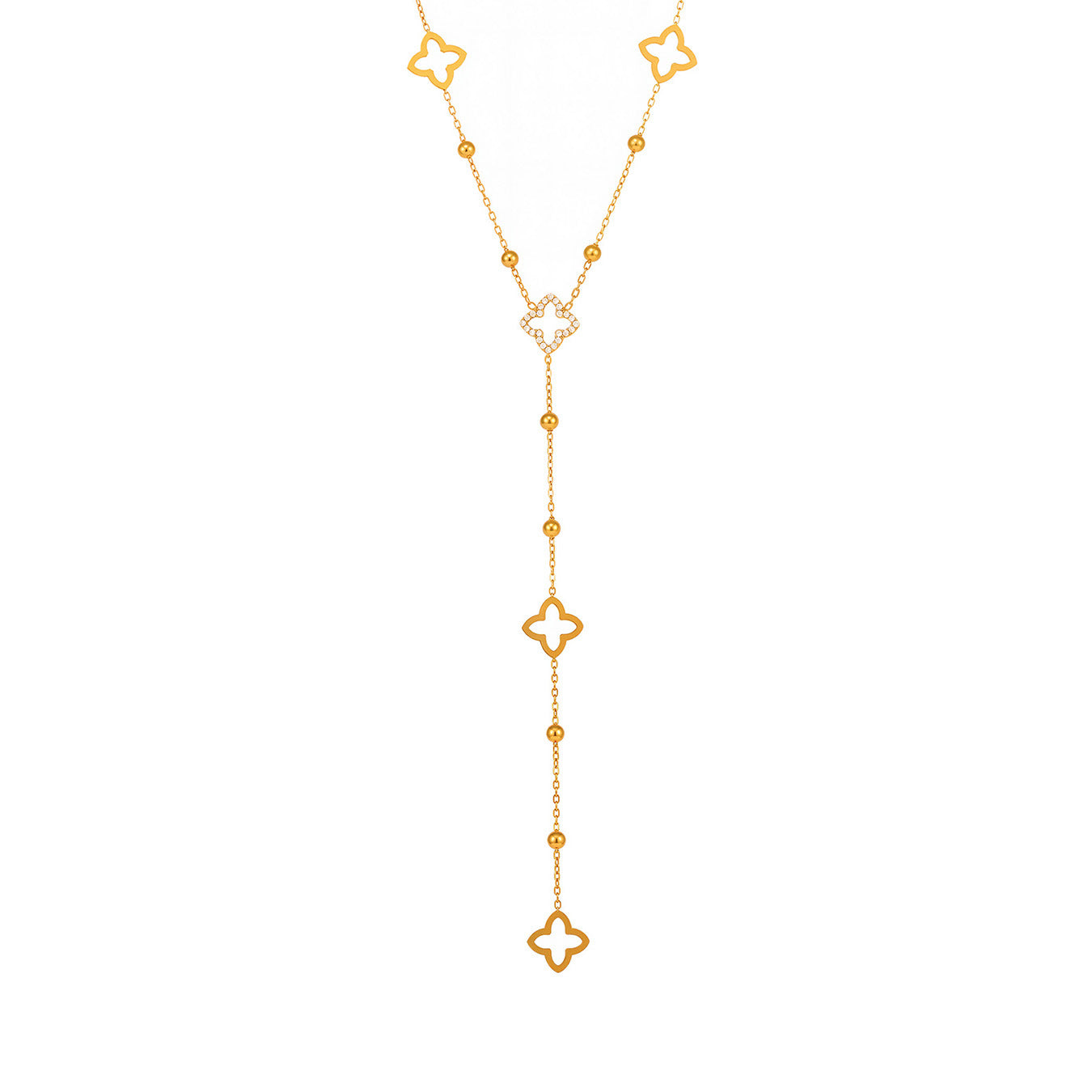 Four-Leaf Flower Double-Layer Stainless Steel Necklace with Tassel Pendant