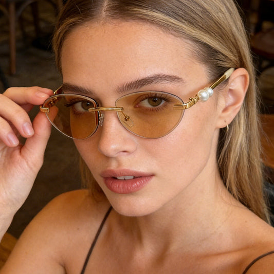 Frameless Cat Eye Sunglasses with Pearl Decor