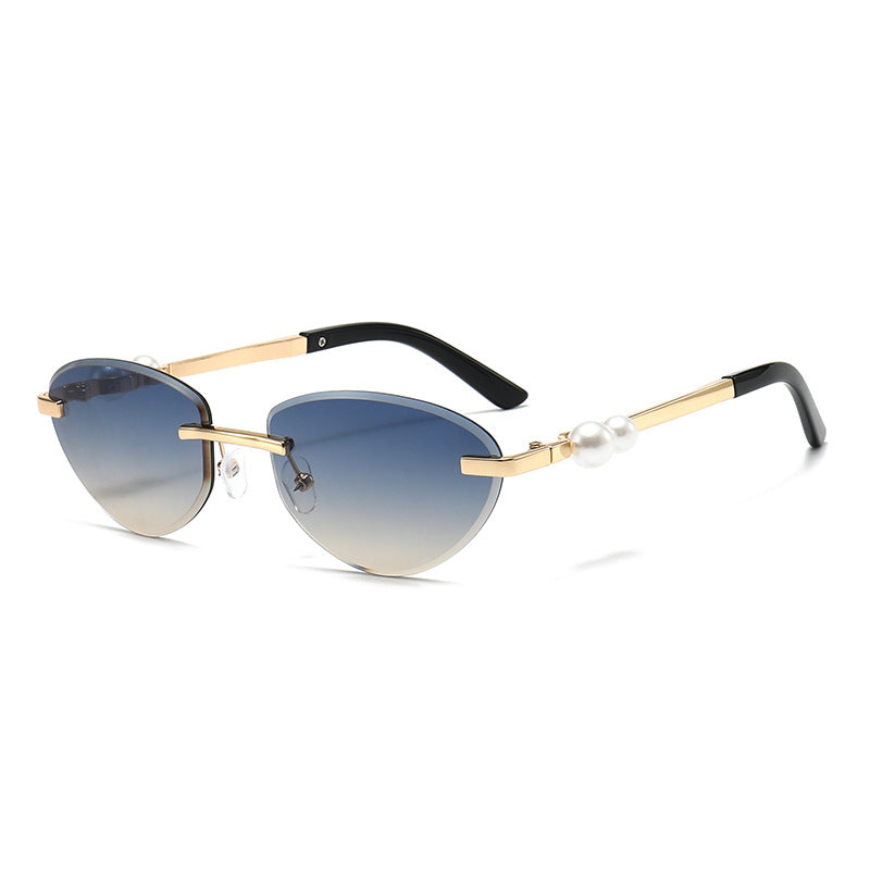 Frameless Cat Eye Sunglasses with Pearl Decor