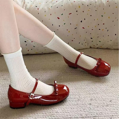 French Bow Red Mary Jane Shoes with Thick Heels