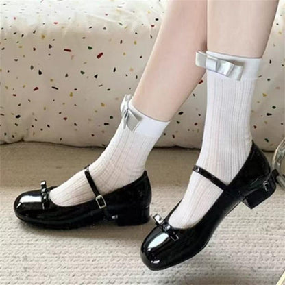 French Bow Red Mary Jane Shoes with Thick Heels