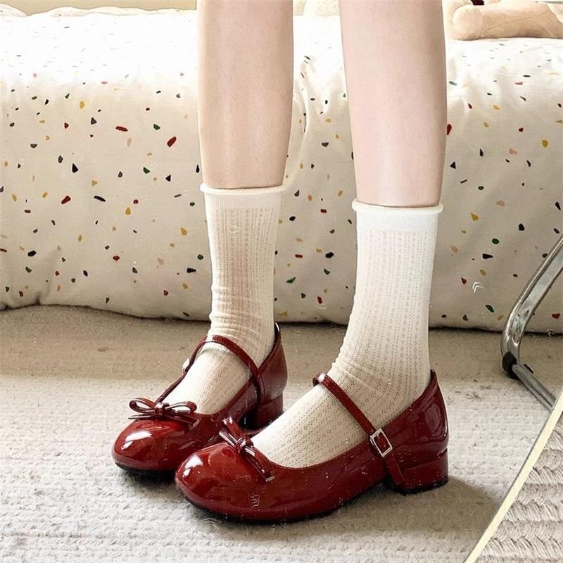 French Bow Red Mary Jane Shoes with Thick Heels