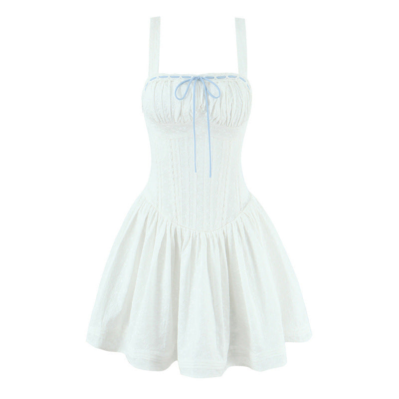 French Chiffon Lace Embroidery Adjustable Waist Dress
