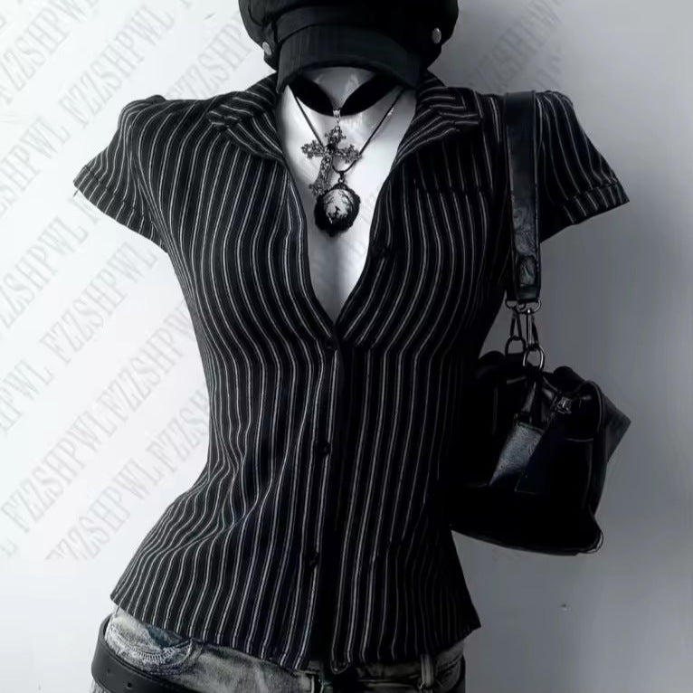 French Elegant Striped Polo Collar Shirt