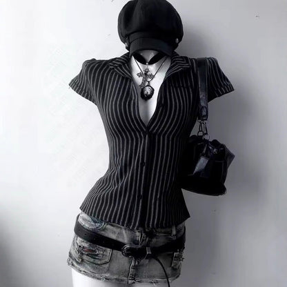 French Elegant Striped Polo Collar Shirt