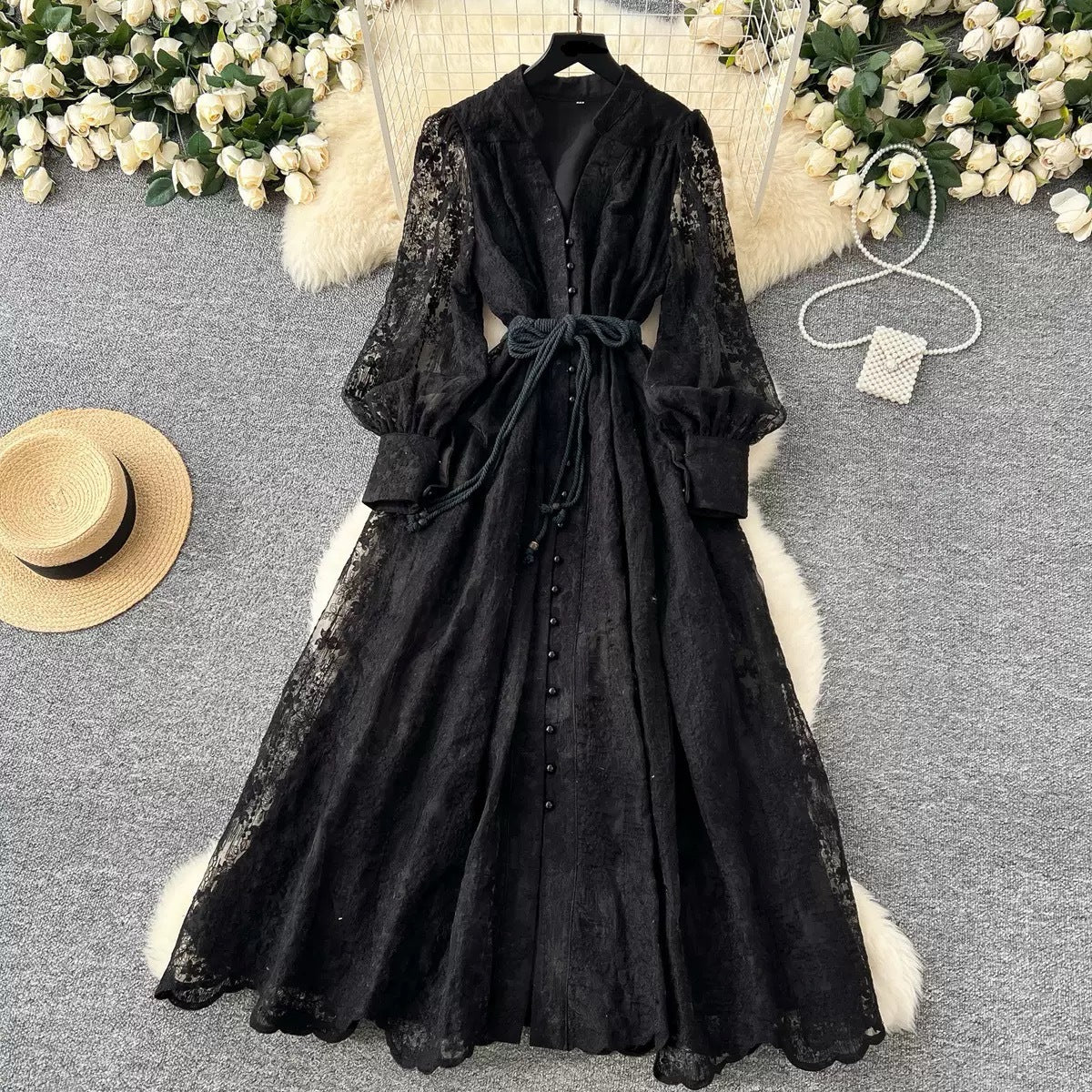 French Embroidered V-Neck Lantern Sleeve Dress
