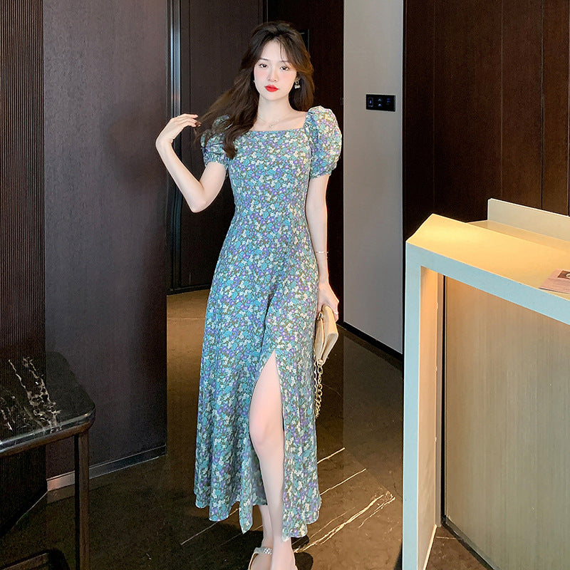 French Floral Print Square Neck Bubble Sleeve Midi Dress