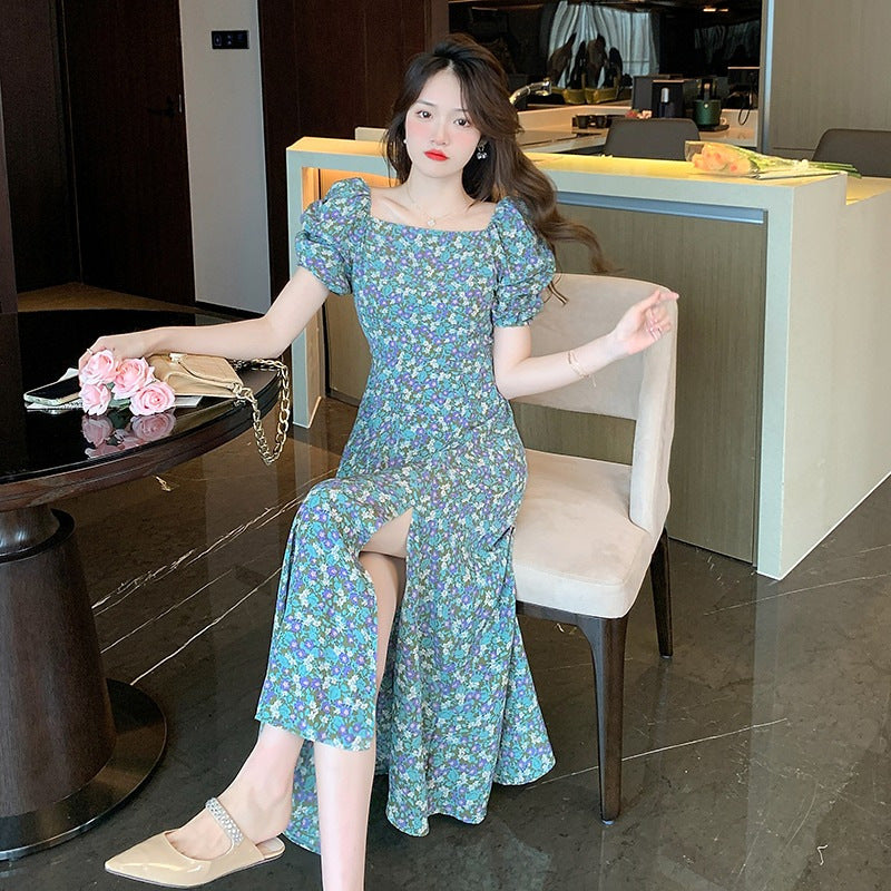 French Floral Print Square Neck Bubble Sleeve Midi Dress