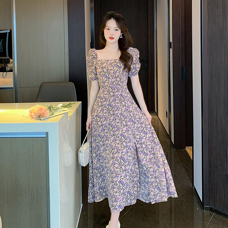 French Floral Print Square Neck Bubble Sleeve Midi Dress