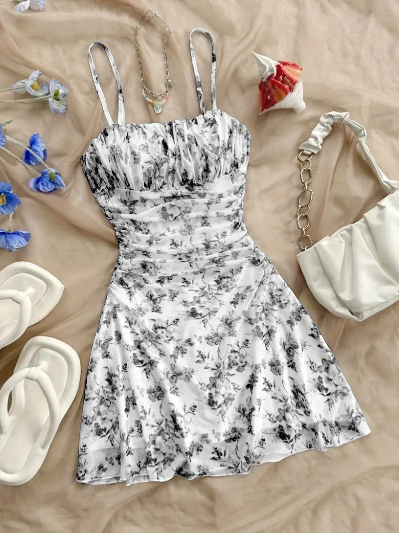 French Floral Sling Dress with Adjustable Waist