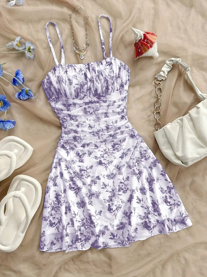 French Floral Sling Dress with Adjustable Waist