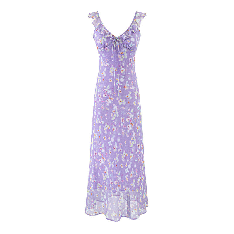 French Floral V-Neck Tie-Waist Long Dress