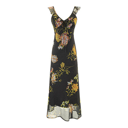 French Floral V-Neck Tie-Waist Long Dress