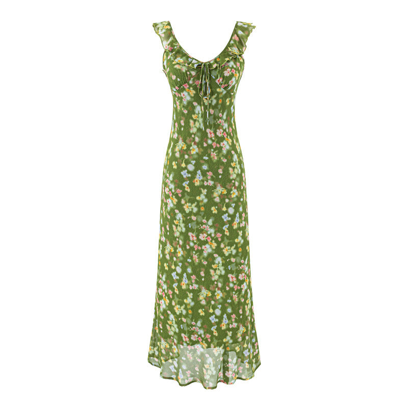 French Floral V-Neck Tie-Waist Long Dress