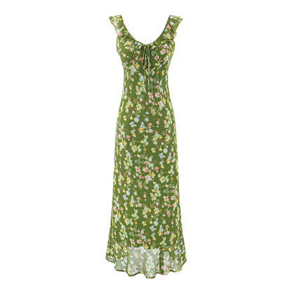 French Floral V-Neck Tie-Waist Long Dress