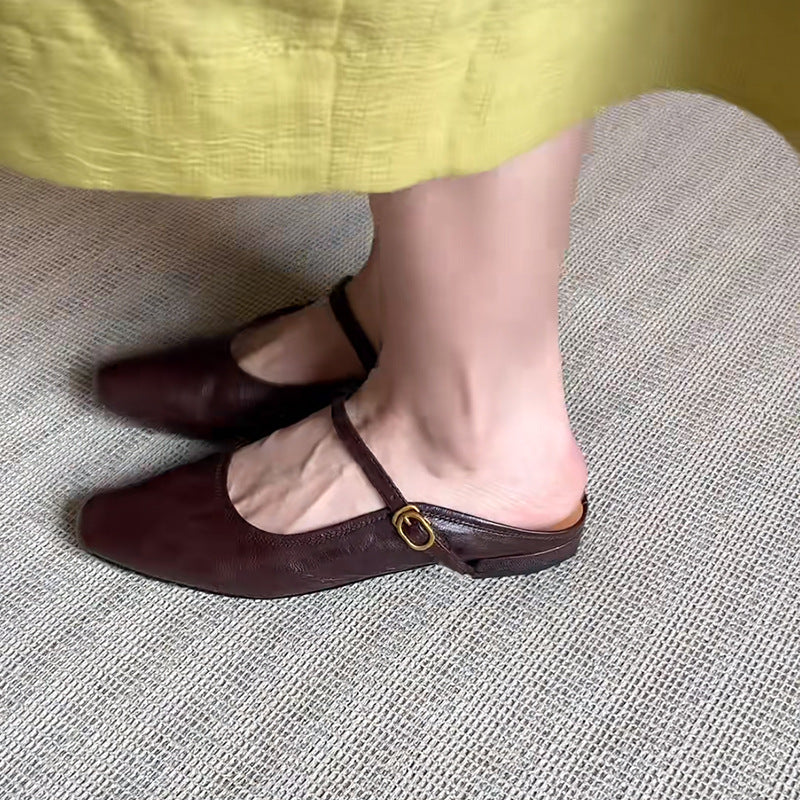 French Genuine Leather Flat Sandals