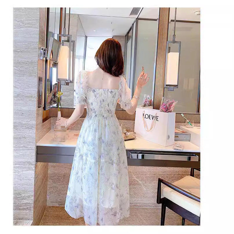 French Ink Painting Waist Slimming Chiffon Dress